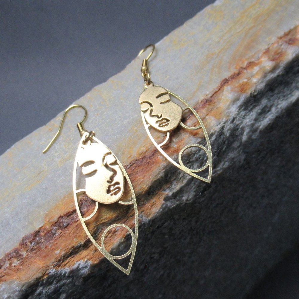 Dreaming Face Earrings, Mod Bubbles Golden Brass